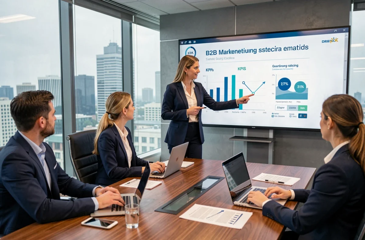 Profesional presentando una estrategia de marketing B2B ante un equipo directivo en sala de reuniones corporativa