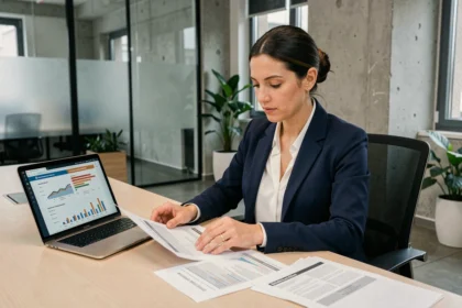 Profesional evaluando propuestas de proveedores de servicios tecnológicos en una oficina moderna