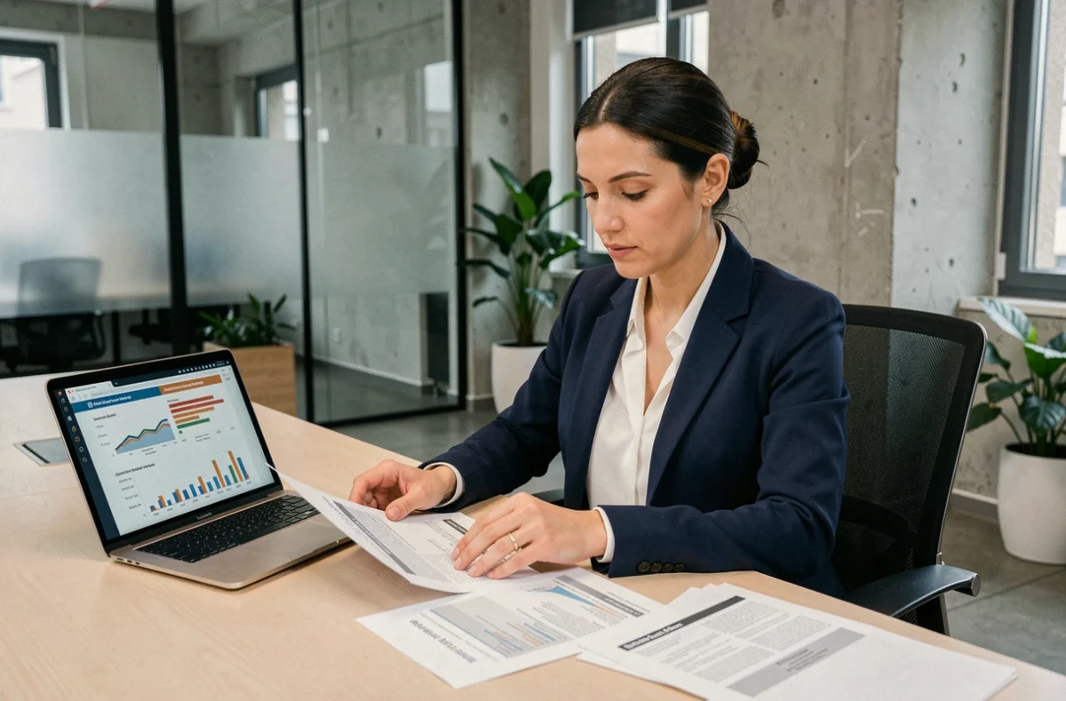 Profesional evaluando propuestas de proveedores de servicios tecnológicos en una oficina moderna