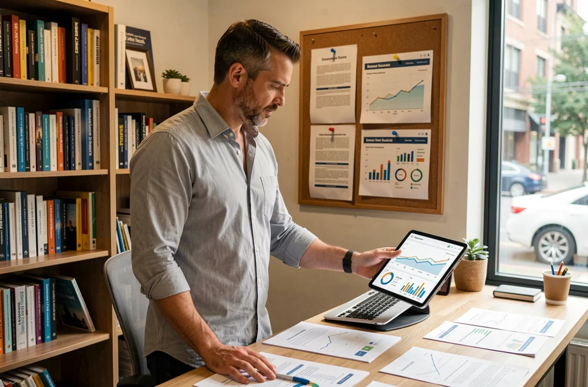 Hombre evaluando el retorno de inversión de una campaña de marketing digital con gráficas en una tableta en home office