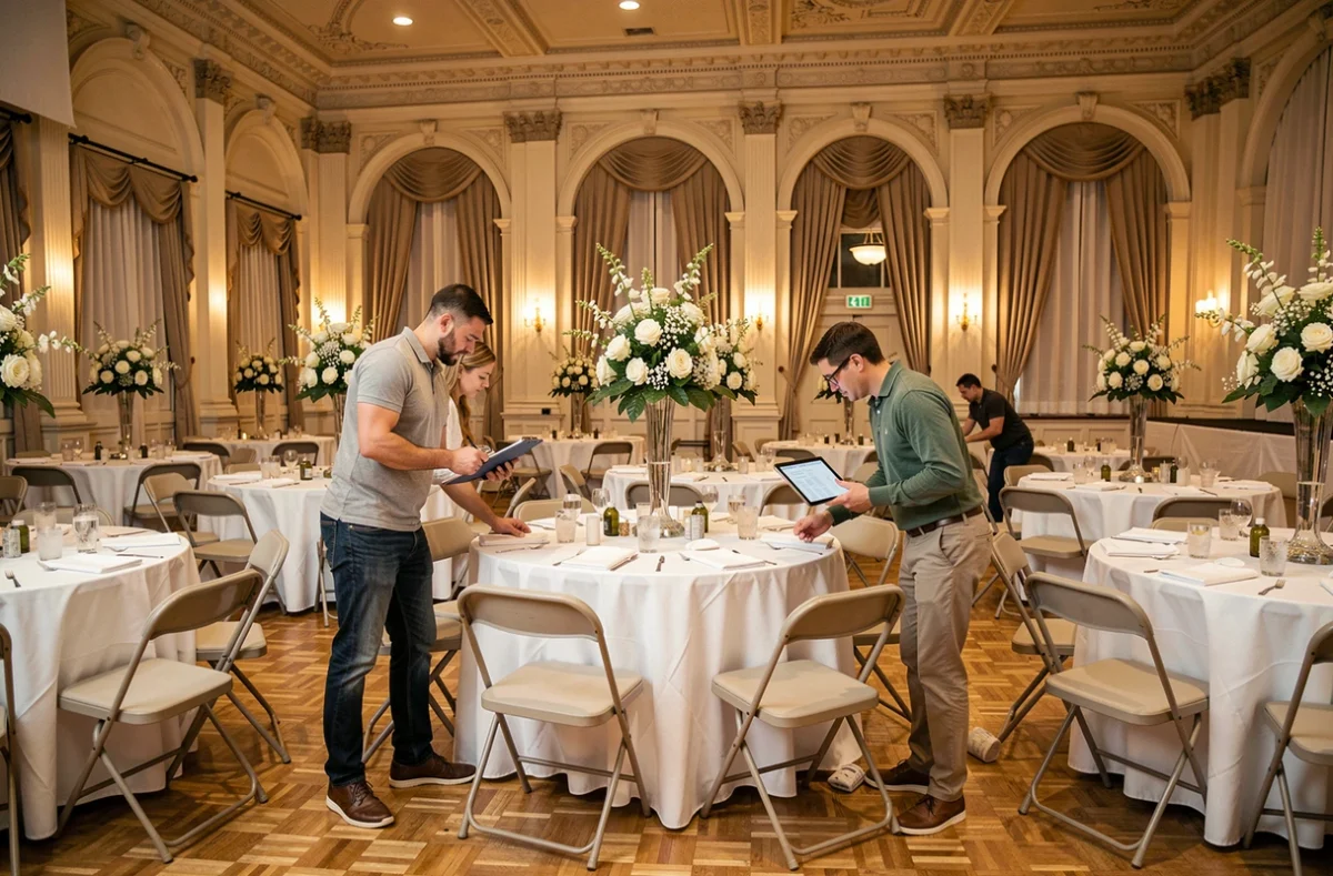 Equipo de coordinadores montando y preparando una sala de eventos en la fase de ejecución del proyecto