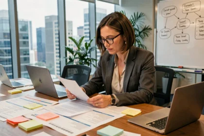 Organizadora de eventos revisando documentos y cronogramas en la fase de planificación de un proyecto de eventos