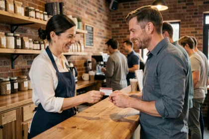 Dueña de pequeña cafetería entregando una tarjeta de fidelización a un cliente satisfecho en un ambiente acogedor