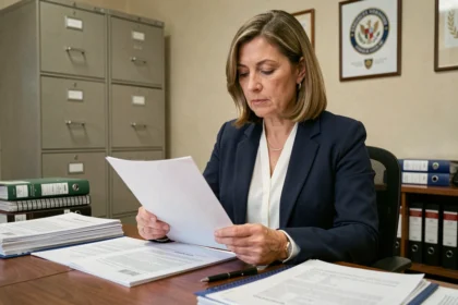 Funcionaria consultando órdenes ministeriales impresas en una oficina gubernamental