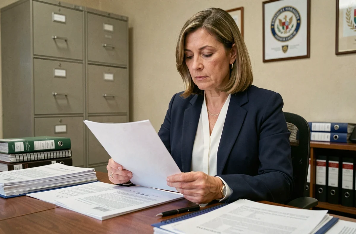 Funcionaria consultando órdenes ministeriales impresas en una oficina gubernamental