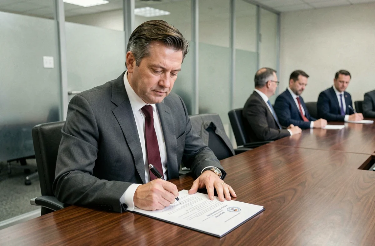 Funcionario público firmando una resolución oficial en sala de reuniones de la administración pública sobre anulación de actos administrativos