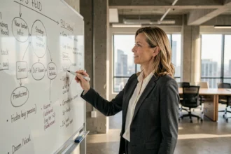 Empresaria explicando los fundamentos estratégicos de una empresa en una pizarra de cristal con diagramas organizativos en una oficina moderna