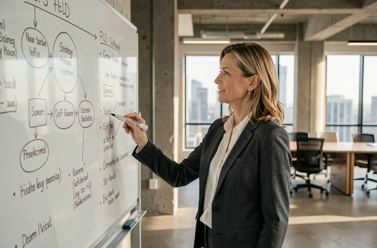 Empresaria explicando los fundamentos estratégicos de una empresa en una pizarra de cristal con diagramas organizativos en una oficina moderna