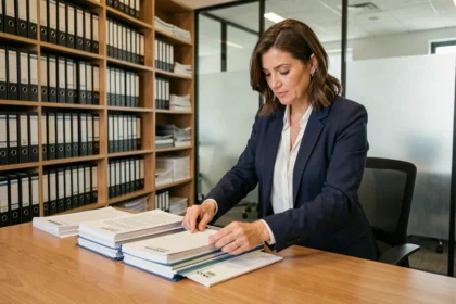 Profesional organizando carpetas de documentos en una oficina moderna con estanterías archivadoras bien ordenadas