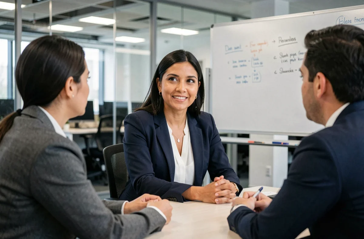 Directora de recursos humanos de una pyme revisando el talento del equipo en una reunión de evaluación en la oficina