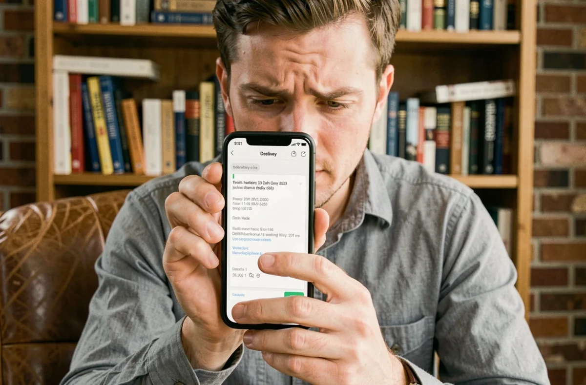 Hombre joven leyendo un acuse de recibo de correo electrónico en su teléfono móvil en una oficina en casa