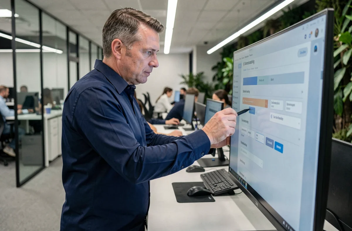 Hombre en oficina moderna ajustando la hora de envío programado de un correo en monitor de escritorio