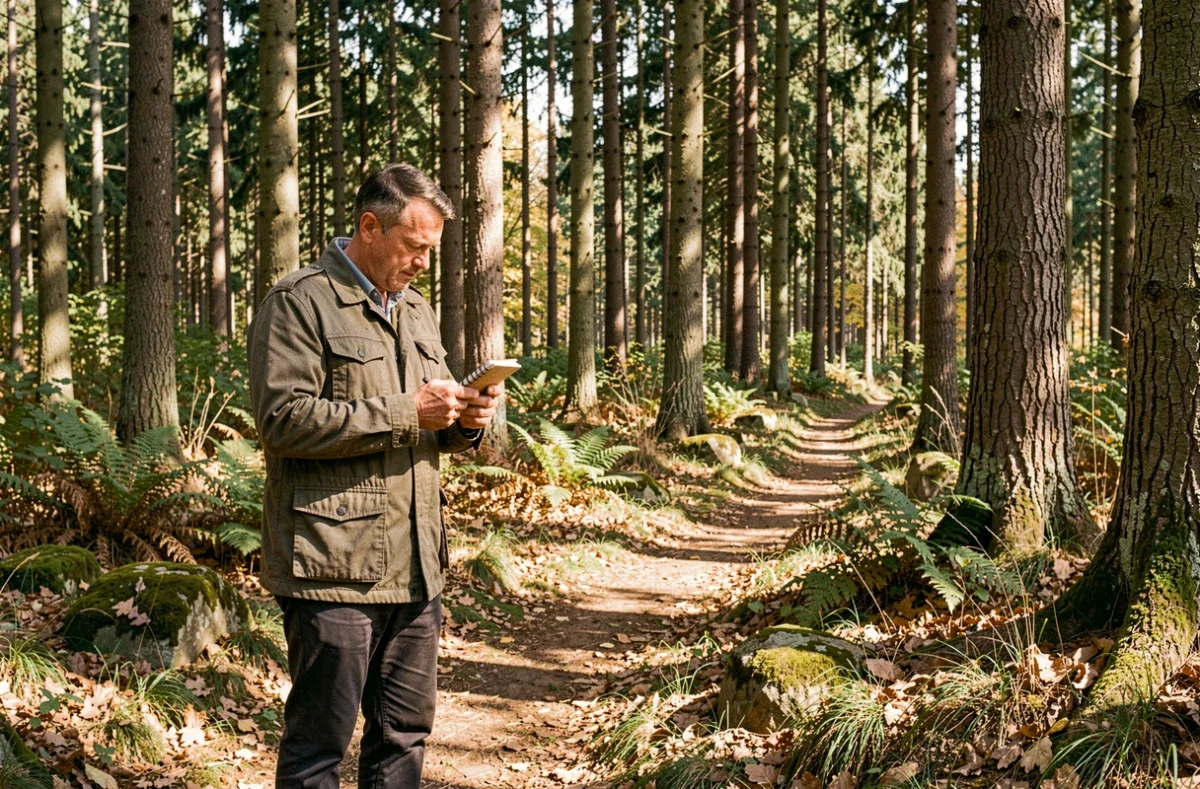Hombre en un bosque gestionado tomando notas sobre sostenibilidad medioambiental