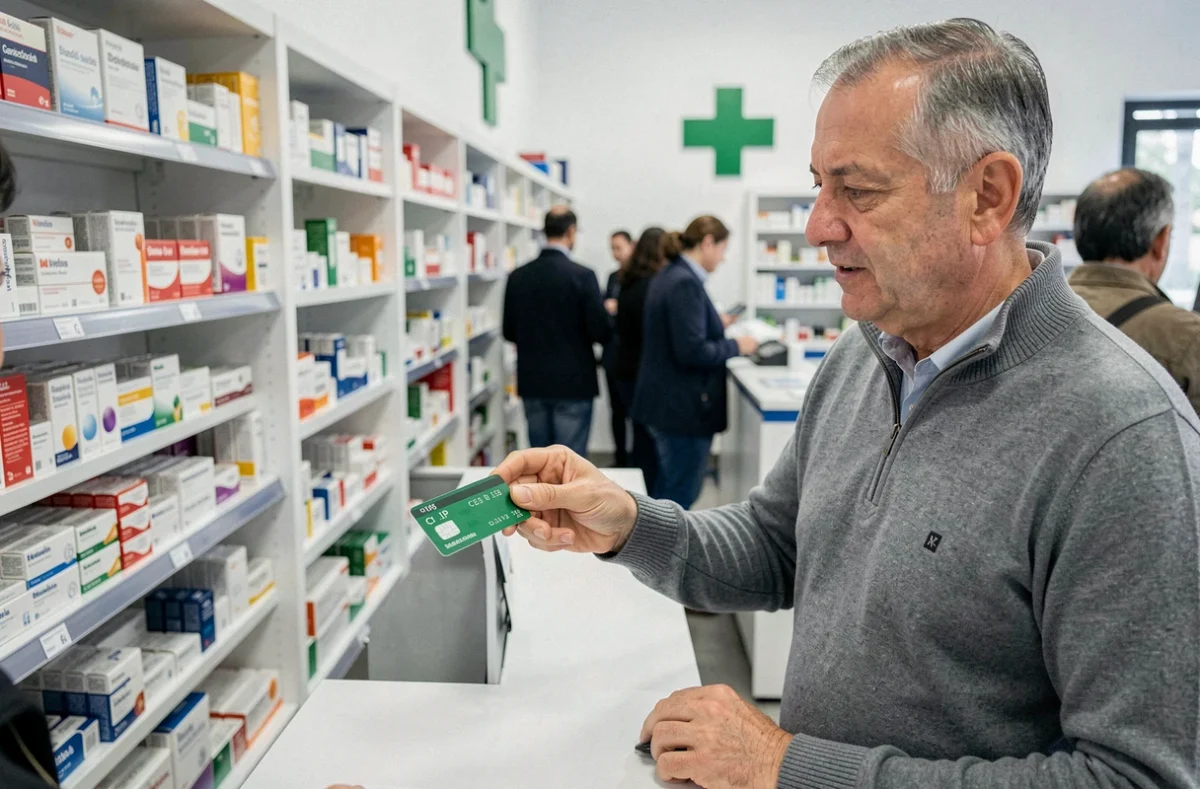 Hombre mostrando su tarjeta sanitaria en la farmacia señalando el código CIP