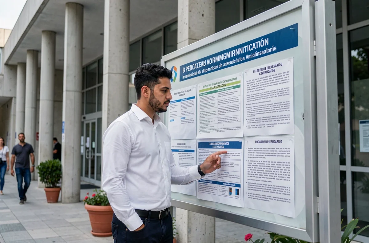 Joven marroquí consultando información sobre permisos de residencia en un edificio de extranjería en España