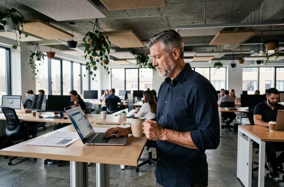Hombre trabajando de pie en un espacio de coworking moderno con ordenador portátil, representando el trabajo híbrido y la gestión empresarial flexible