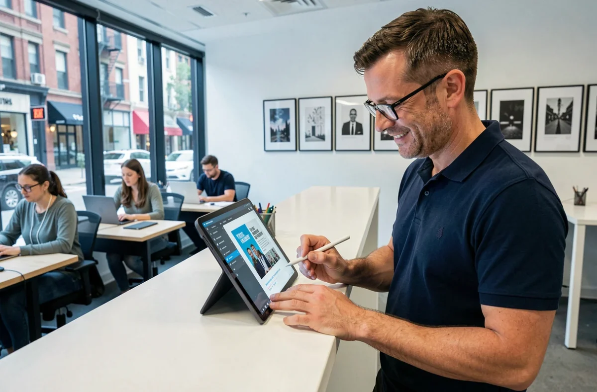 Hombre usando una tableta para diseñar carteles publicitarios en una aplicación de diseño en un espacio de coworking