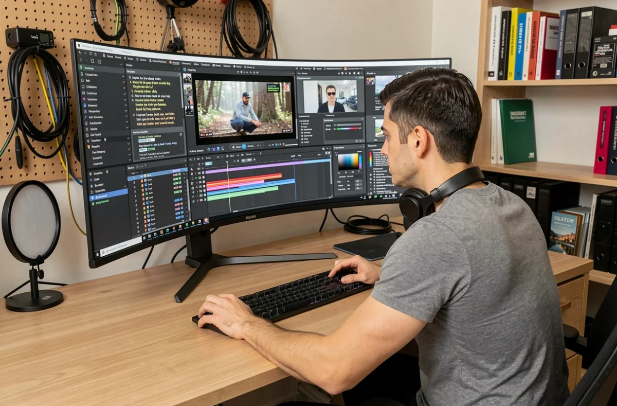 Hombre editando un vídeo promocional en un ordenador con software de edición profesional en una oficina en casa