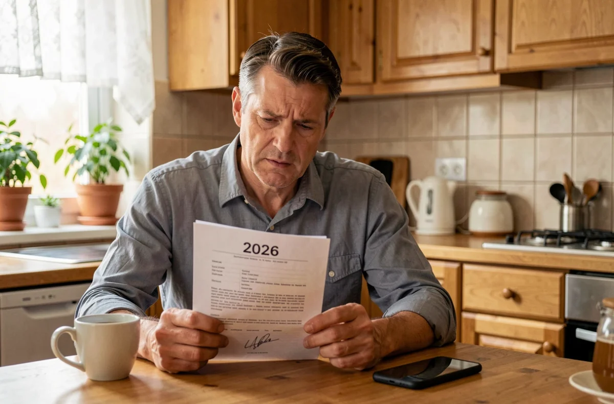 Hombre leyendo un documento oficial sobre cambios en 2026 en la cocina de su hogar, representando el impacto en los ciudadanos