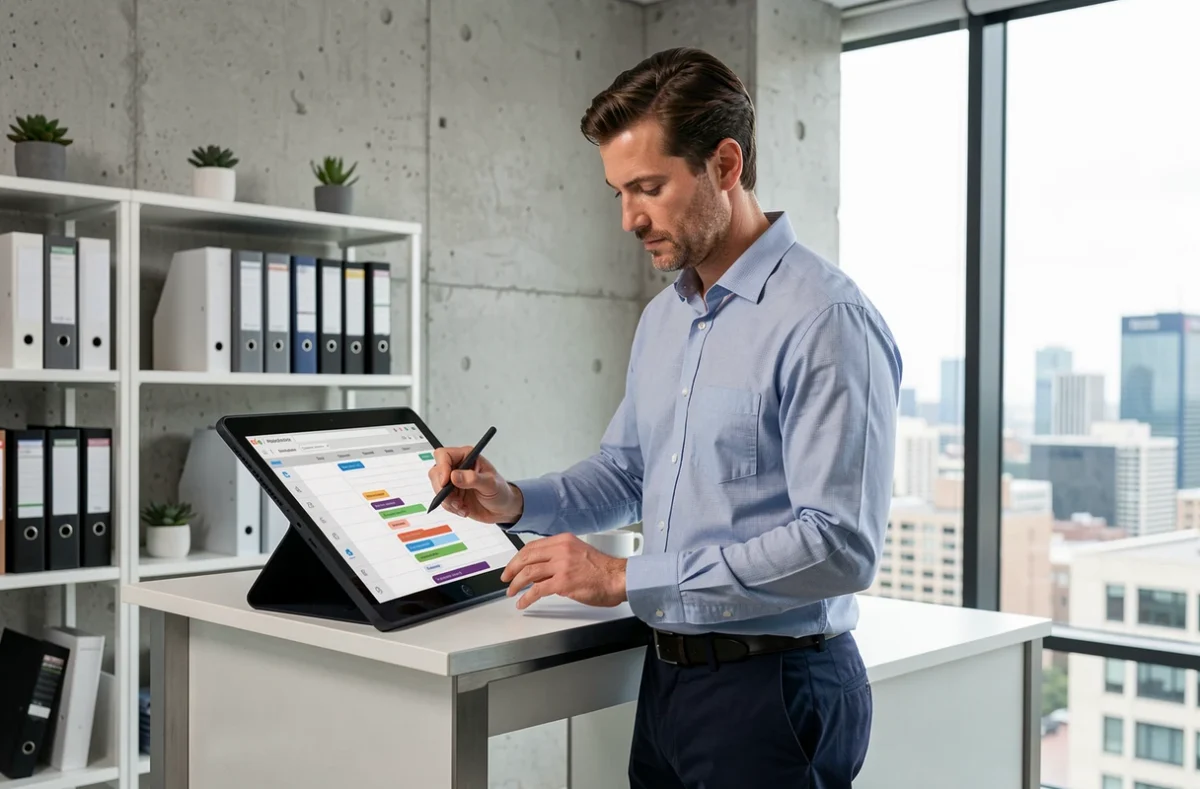 Hombre de negocios usando una tablet con software de gestión de proyectos en una oficina minimalista
