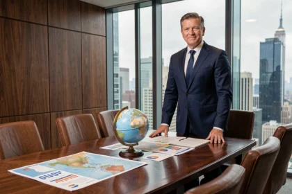 Hombre de negocios en sala de juntas con mapas del mundo y globo terráqueo, simbolizando el poder global y el dominio económico mundial