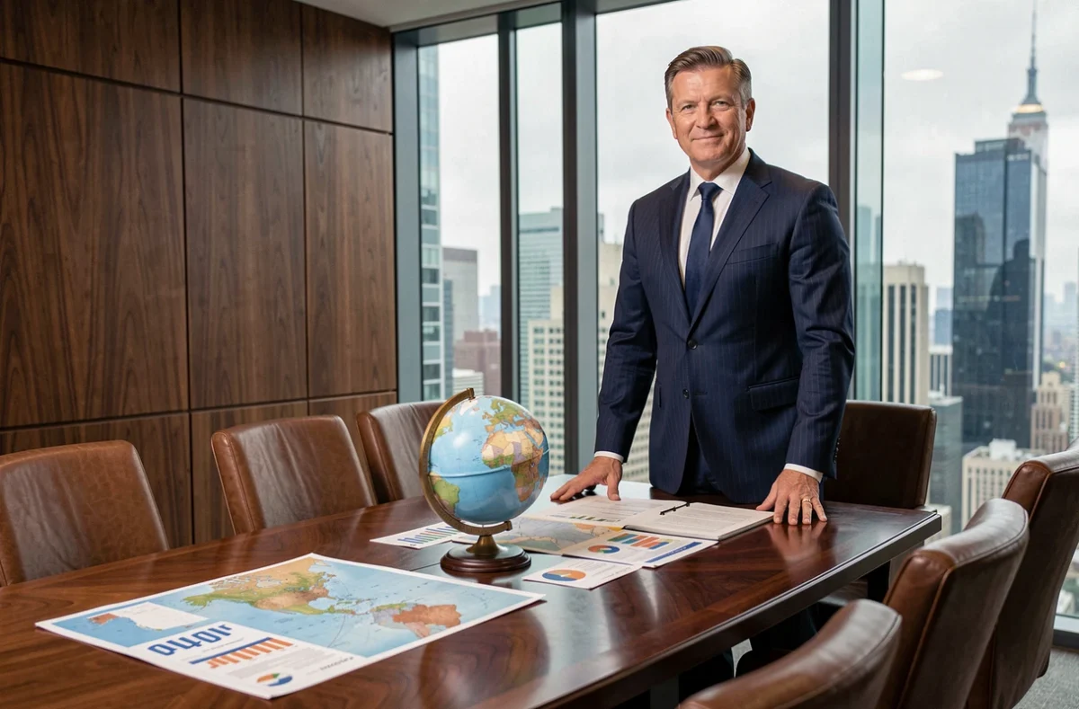 Hombre de negocios en sala de juntas con mapas del mundo y globo terráqueo, simbolizando el poder global y el dominio económico mundial
