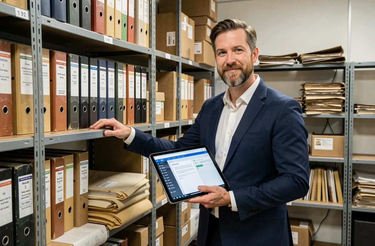 Hombre de negocios con tablet mostrando software de gestión documental junto a archivadores físicos en papel, simbolizando la transición a la digitalización empresarial
