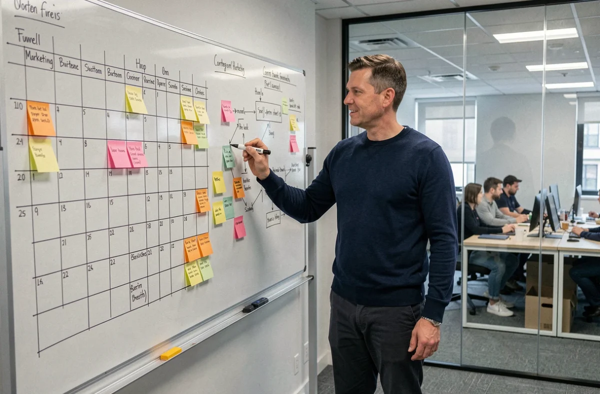 Hombre de negocios explicando un calendario de contenidos en una pizarra durante una sesión de planificación de marketing
