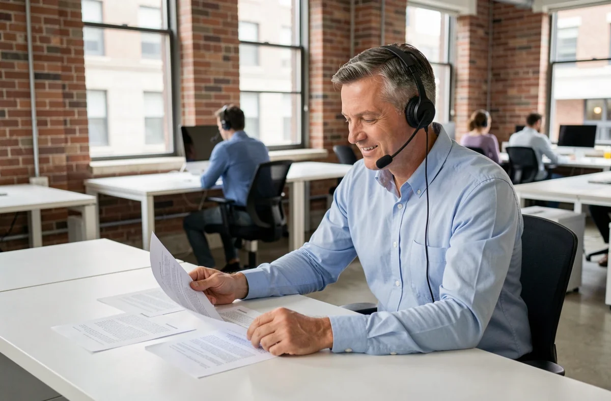 Hombre de mediana edad en reunión virtual con auriculares en una pequeña empresa adaptada al teletrabajo con escritorios modernos
