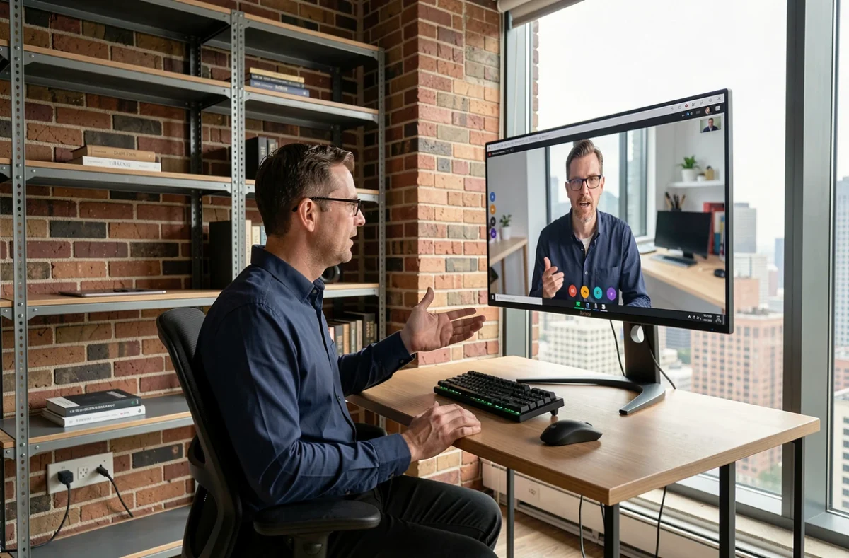 Hombre en videoconferencia trabajando desde casa en un apartamento urbano con paredes de ladrillo visto y escritorio moderno