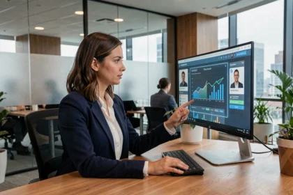 Profesional de recursos humanos analizando perfiles de candidatos con inteligencia artificial en una pantalla de ordenador en una oficina moderna
