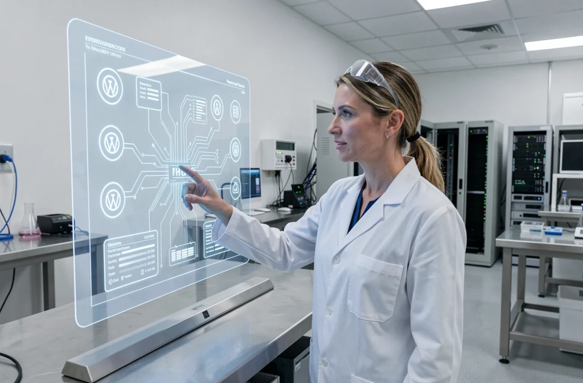 Ingeniera en laboratorio tecnológico trabajando en innovación protegida por propiedad intelectual