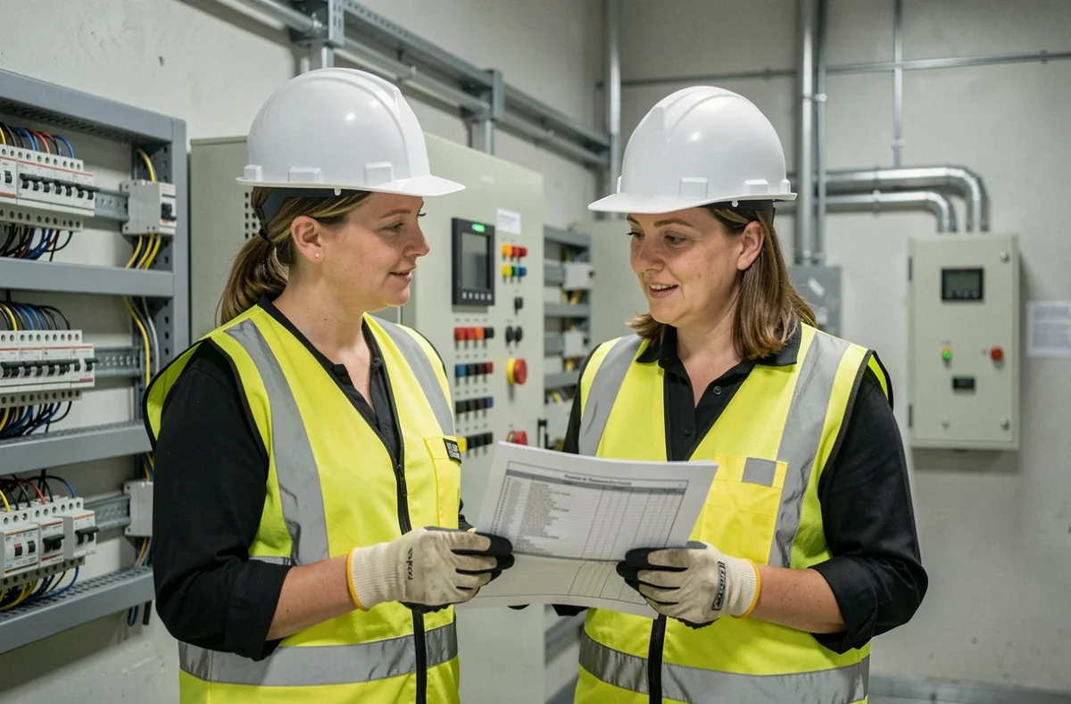 Dos ingenieras de mantenimiento revisando lista de verificación junto a un cuadro eléctrico industrial en una pyme