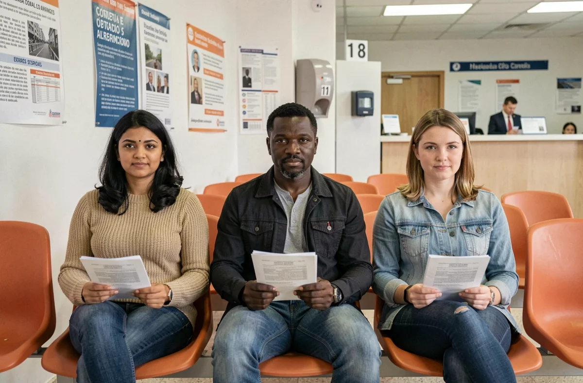 Grupo diverso de inmigrantes esperando turno con documentos en una sala de espera de la oficina de extranjería en España