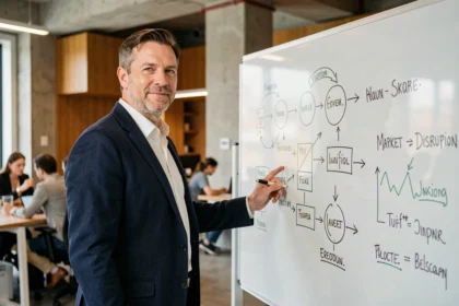 Empresario de mediana edad explicando innovaciones empresariales según Schumpeter ante una pizarra de vidrio con diagramas de ciclos de innovación en una oficina moderna