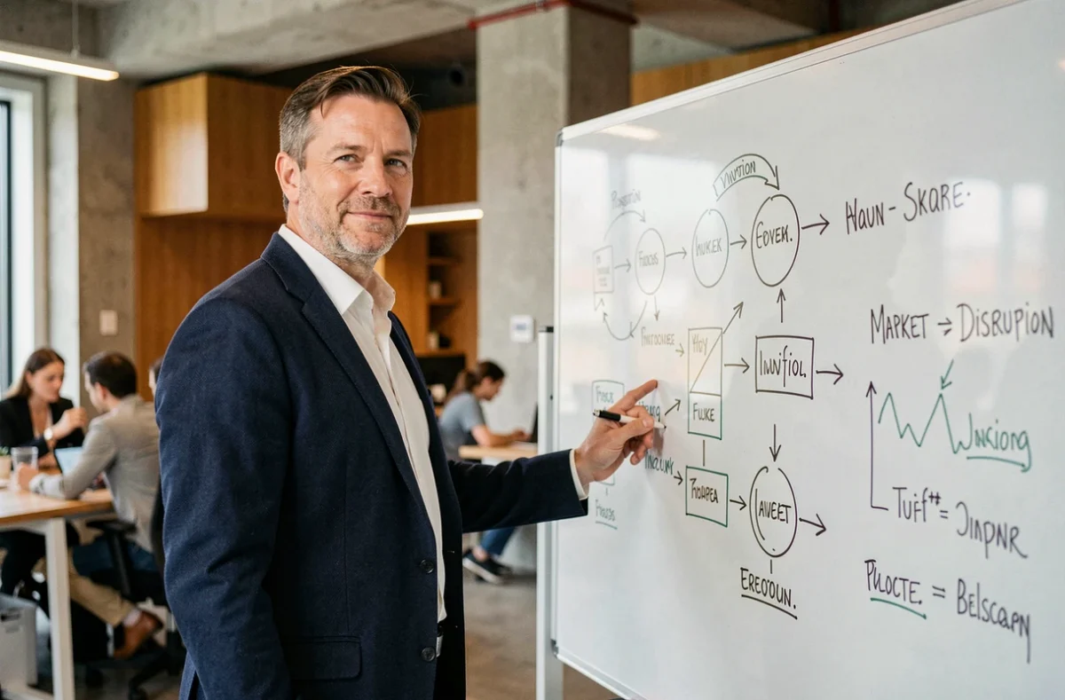 Empresario de mediana edad explicando innovaciones empresariales según Schumpeter ante una pizarra de vidrio con diagramas de ciclos de innovación en una oficina moderna