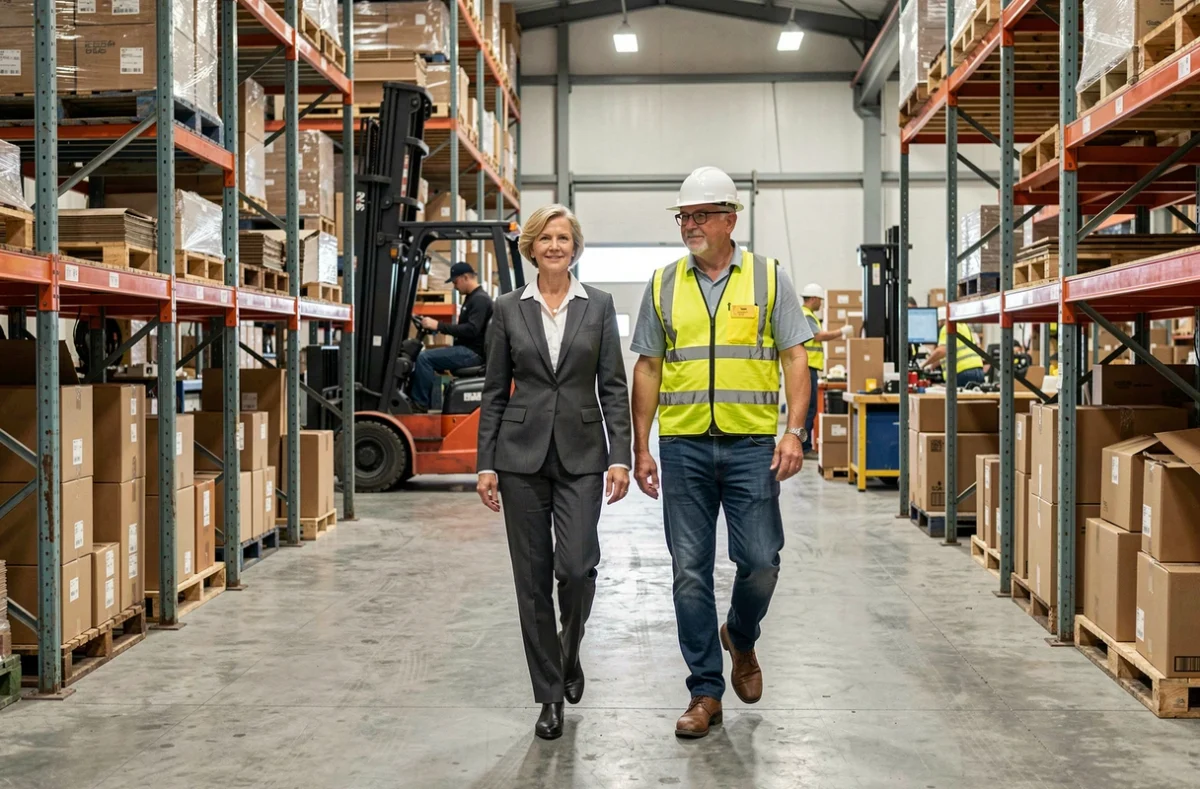 Inspectora de trabajo acompañada por el responsable de planta revisando las condiciones laborales en un almacén industrial