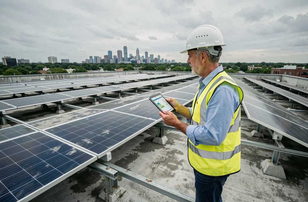 Profesional inspeccionando paneles solares en azotea de empresa como parte de iniciativas de sostenibilidad