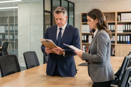 Inspector laboral revisando documentación con responsable de recursos humanos en sala de reuniones corporativa durante una inspección de trabajo