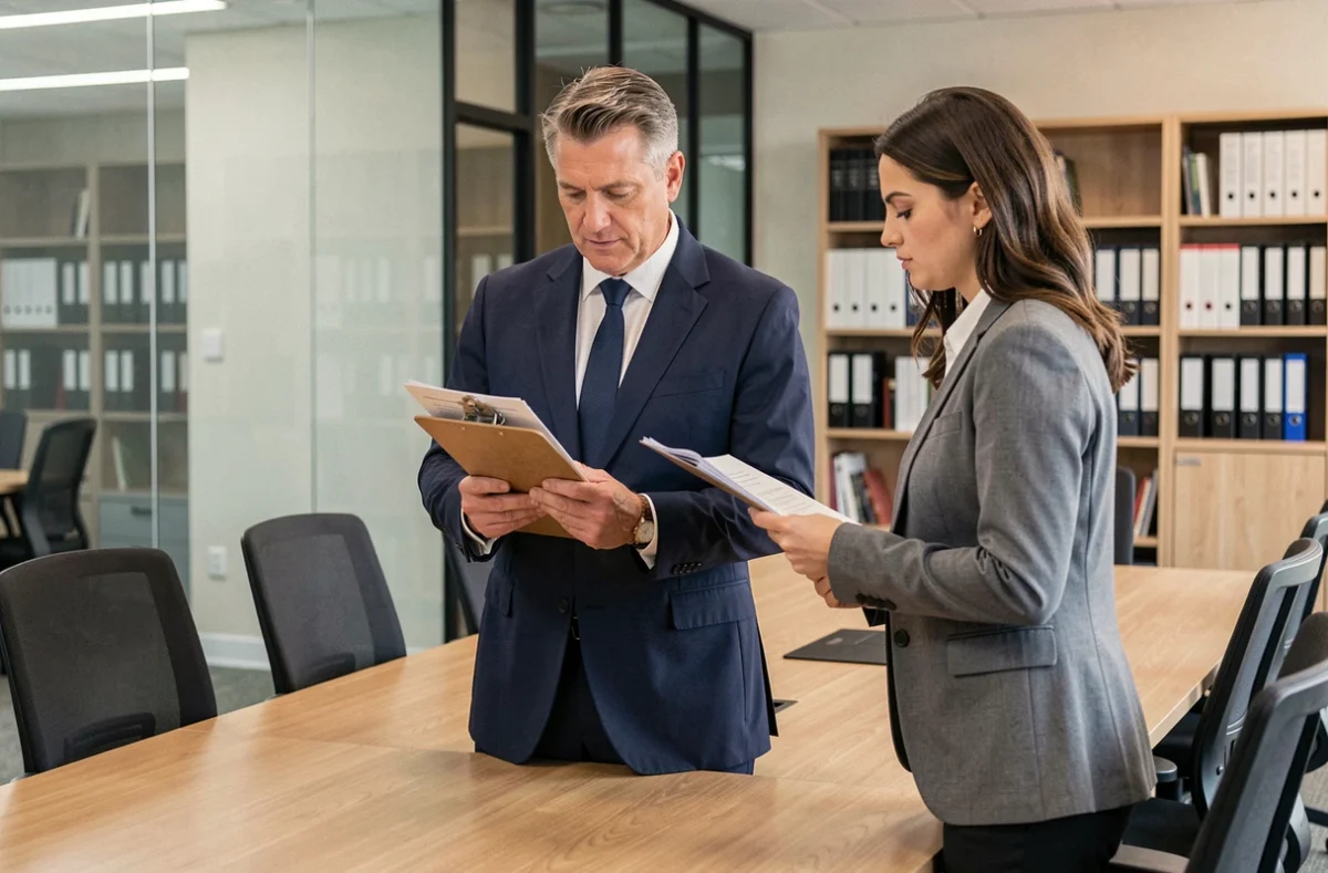 Inspector laboral revisando documentación con responsable de recursos humanos en sala de reuniones corporativa durante una inspección de trabajo