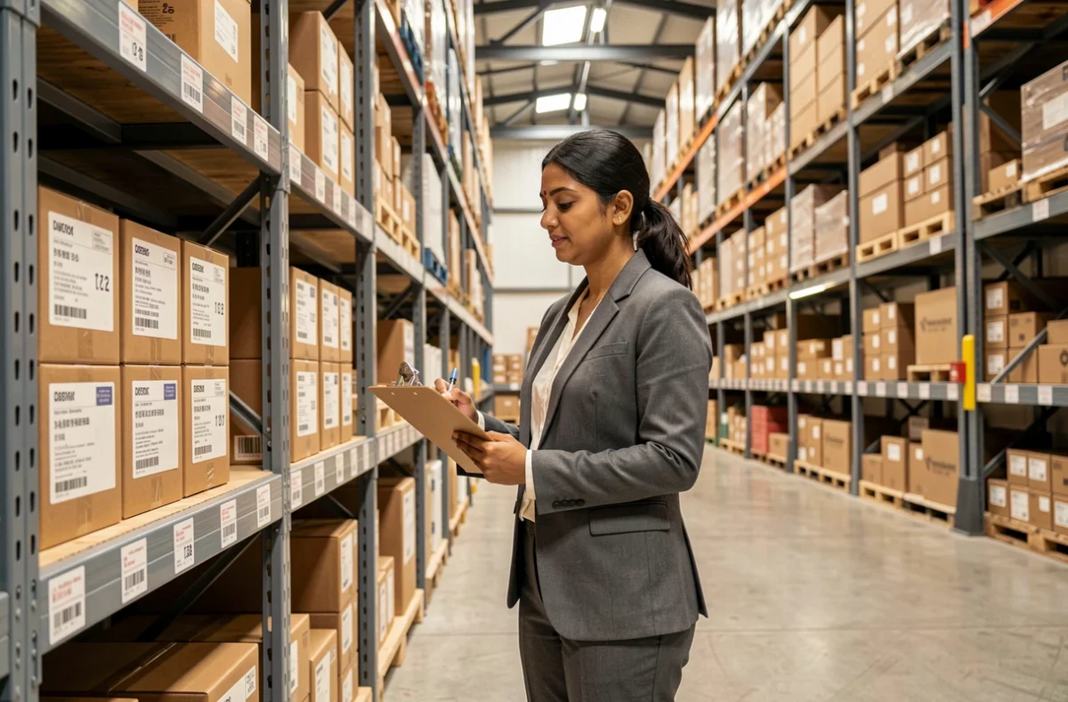 Inspectora de aduanas revisando mercancías importadas en un almacén logístico moderno con etiquetas internacionales
