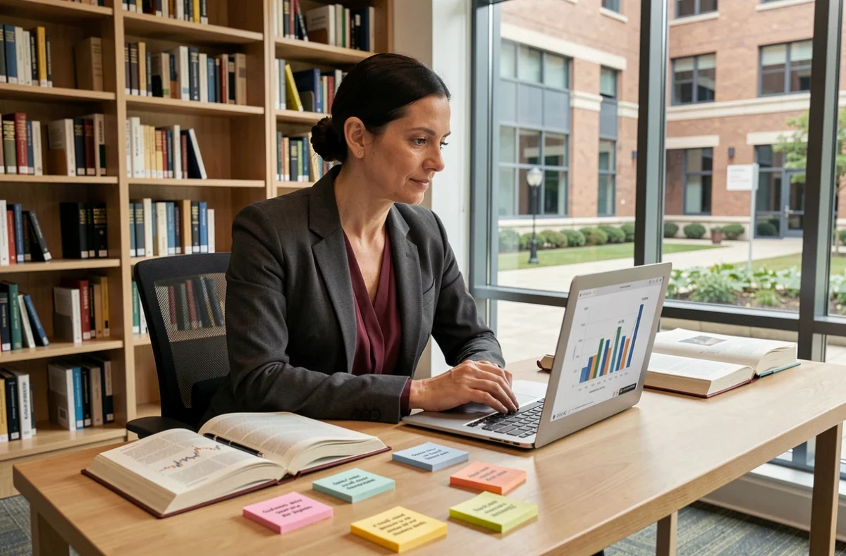 Investigadora universitaria analizando las cinco innovaciones empresariales de Schumpeter rodeada de libros y gráficos en una oficina académica con estanterías