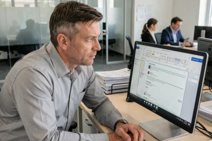 Jefe de empresa revisando correos electrónicos de un empleado en el ordenador de la oficina