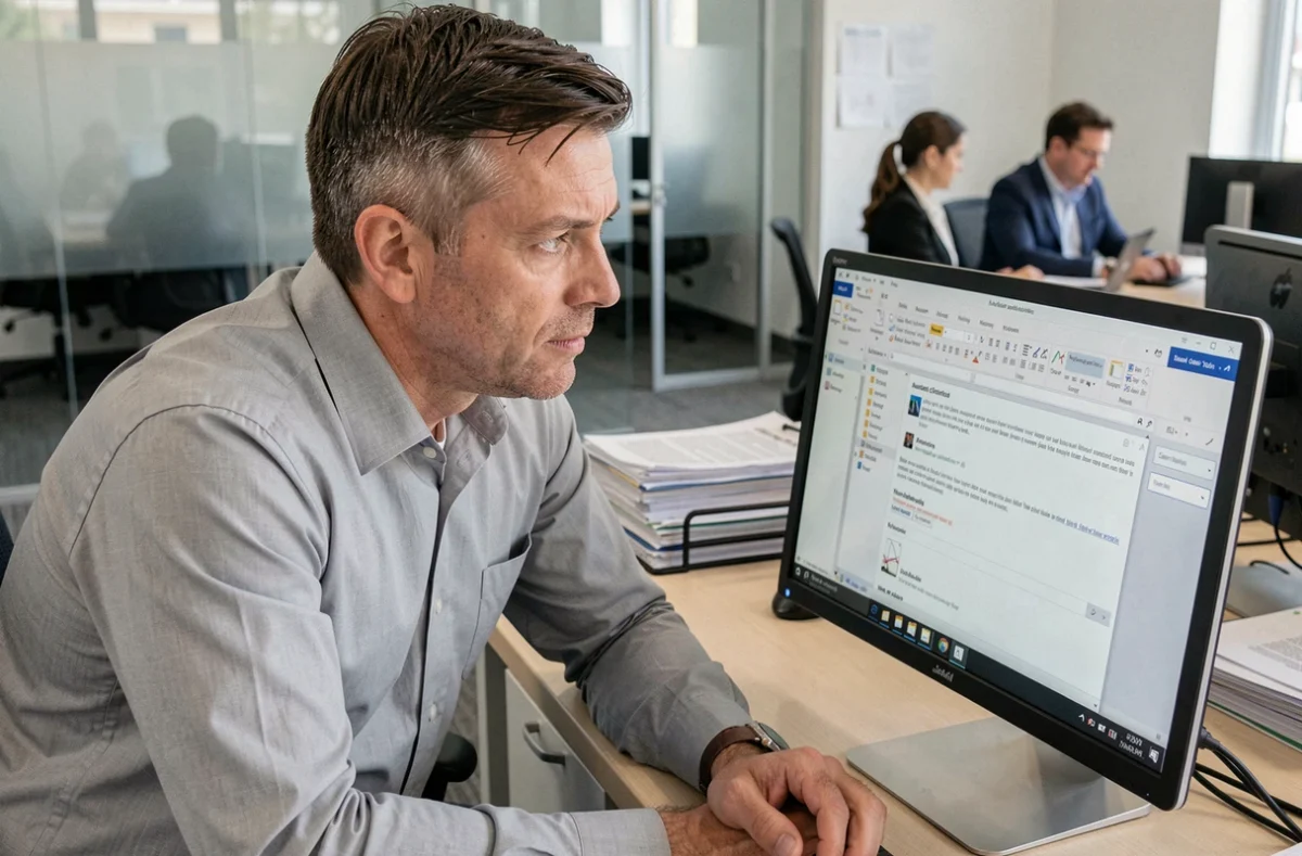 Jefe de empresa revisando correos electrónicos de un empleado en el ordenador de la oficina