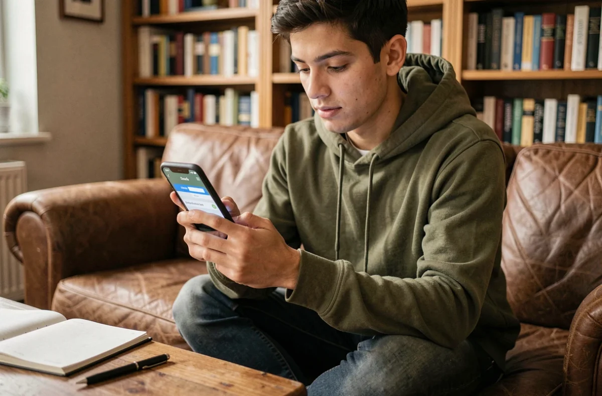 Joven configurando la hora de envío de un correo electrónico desde el móvil en el salón de casa
