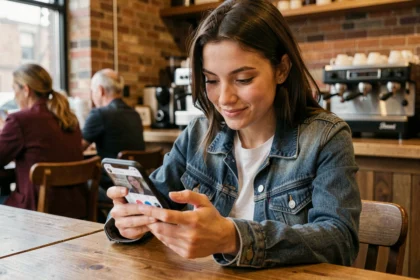 Joven mujer consultando publicaciones en redes sociales desde su smartphone en una cafetería urbana