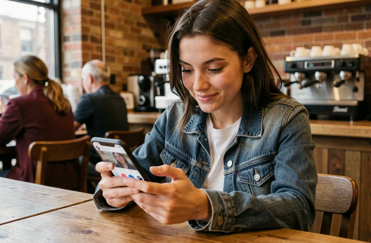 Joven mujer consultando publicaciones en redes sociales desde su smartphone en una cafetería urbana