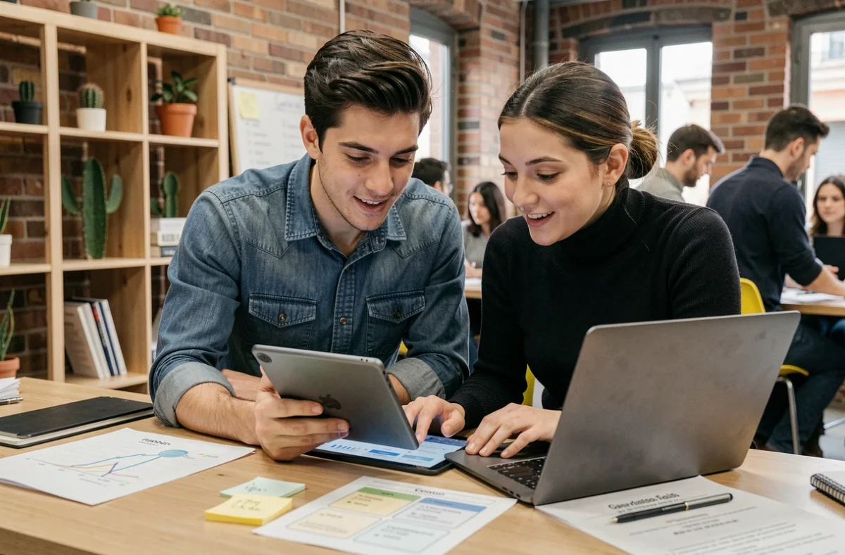 Jóvenes profesionales tecnológicos colaborando en plataforma SaaS en un espacio de coworking de Barcelona