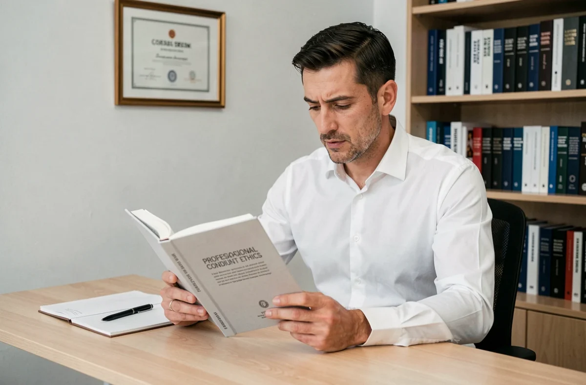 Profesional masculino leyendo libro sobre ética profesional en oficina privada
