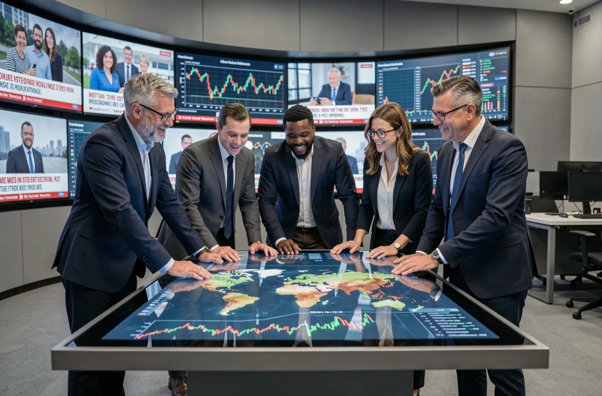 Grupo de líderes globales alrededor de una mesa tecnológica con datos geopolíticos y mapas del mundo en pantallas digitales, representando el control del poder mundial